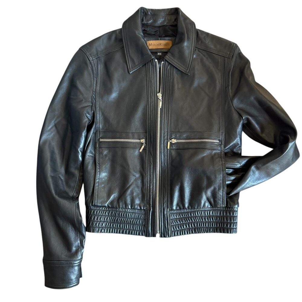 Marcel Kassini Soft Leather Bamber Jacket Elastic Waist Zip Up Front Pockets XS